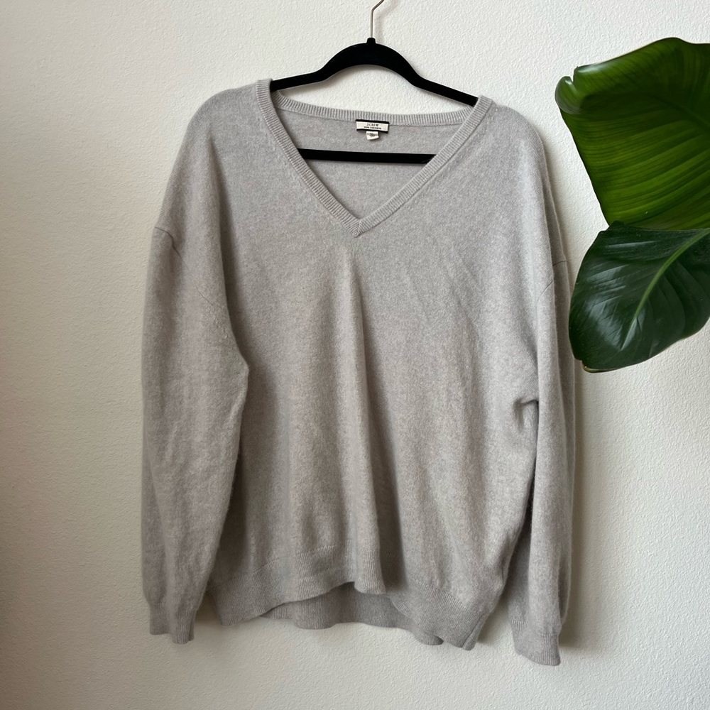 J. Crew Cashmere Relaxed V-neck Sweater, Heather Fog Grey, Size XL